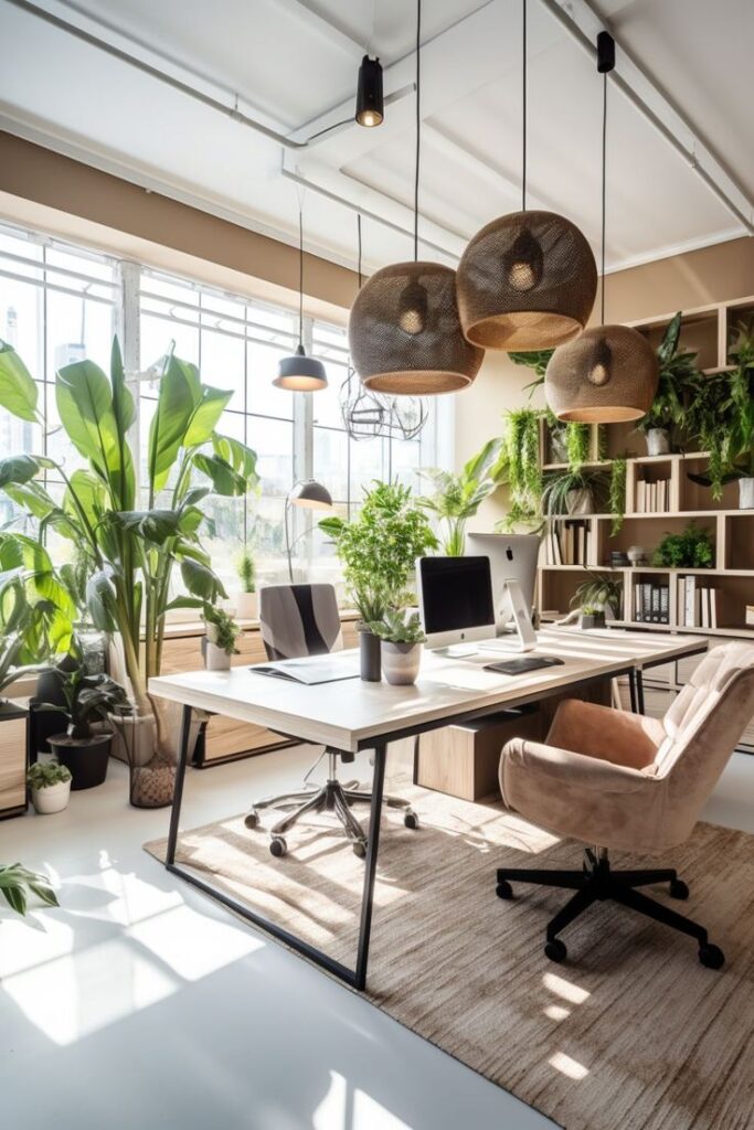 Modern office with lush plants, natural light, stylish furniture, and warm lighting fixtures. Ideal for productivity.