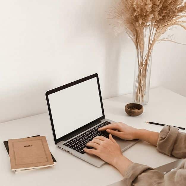 Person typing on a laptop at a minimal home office desk with pampas grass and notebooks.