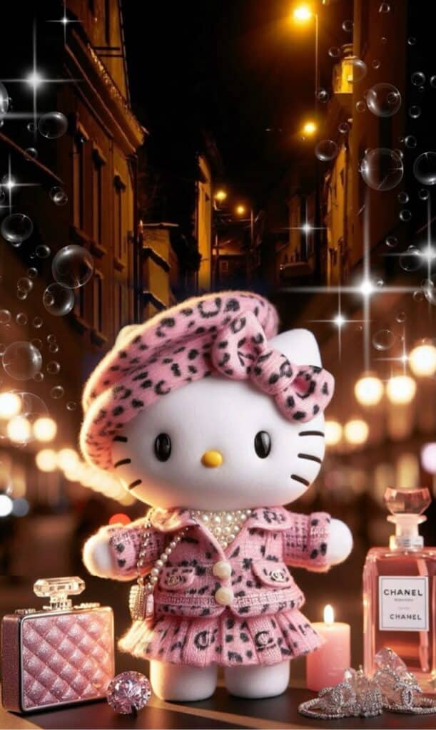 Cute cat toy in pink leopard outfit with accessories and Chanel backdrop under streetlights. Glamorous and stylish scene.