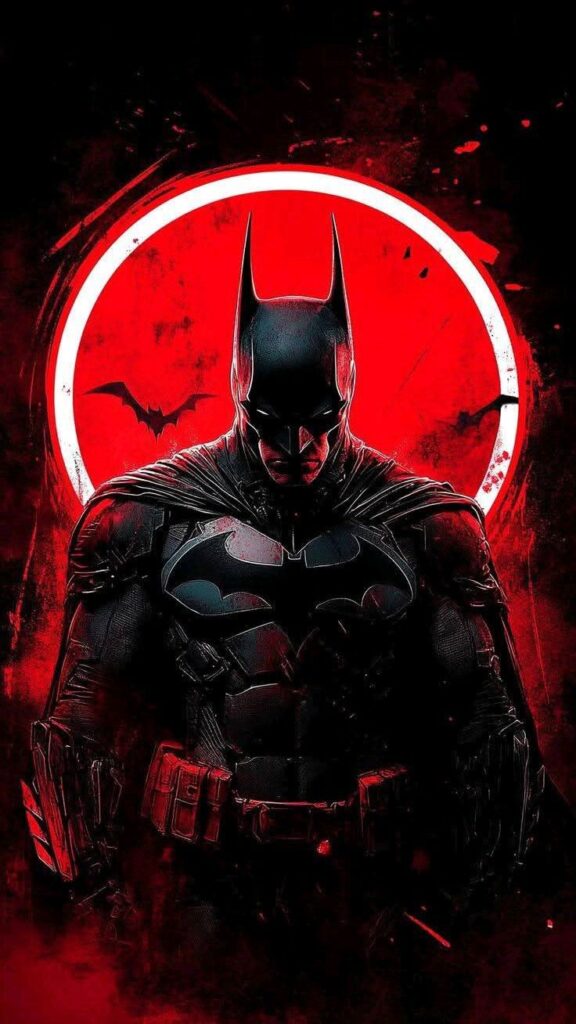 Dark superhero standing with a red, dramatic background featuring a bat symbol. Intense, moody atmosphere.