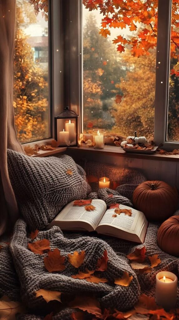 Cozy autumn scene with an open book, candles, and pumpkins on a knit blanket by a window with orange leaves.