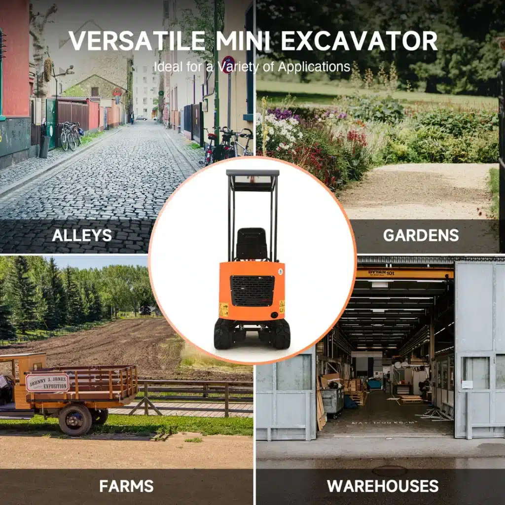 Versatile mini excavator for use in alleys, gardens, farms, and warehouses. Ideal for a variety of applications.