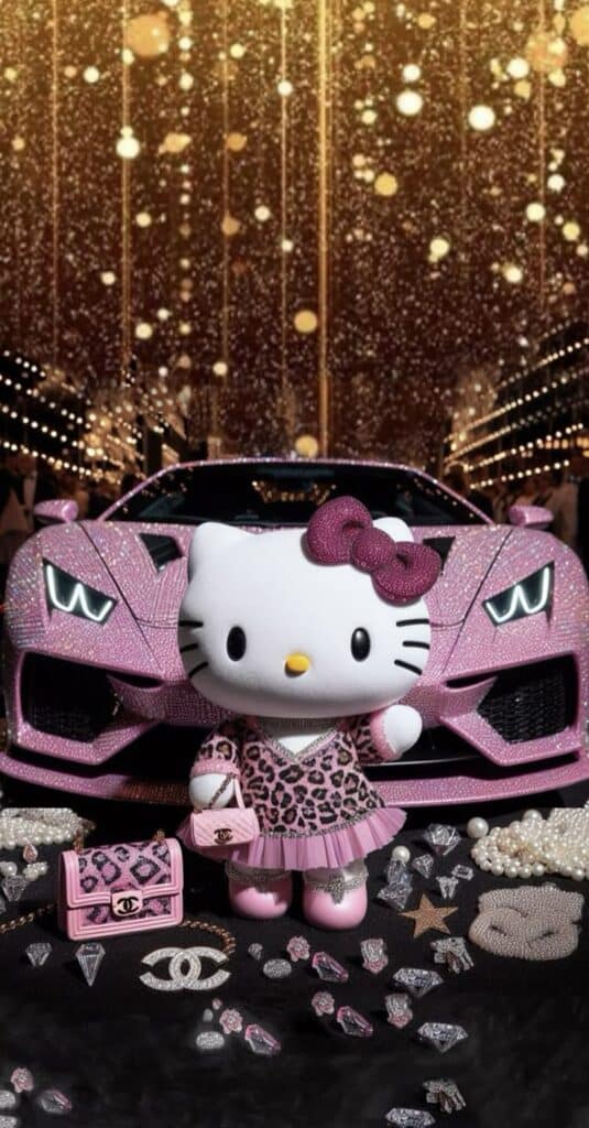 Hello Kitty in a pink dress, standing before a sparkling pink car, surrounded by diamonds and luxury items.