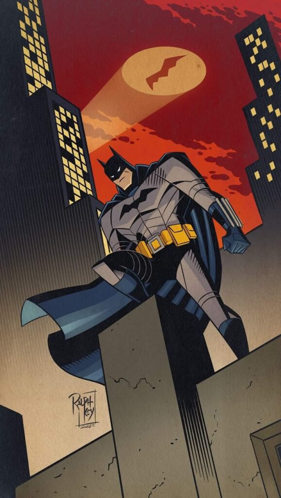 Comic-style illustration of a superhero on a rooftop at night with the city skyline and signal in the sky.