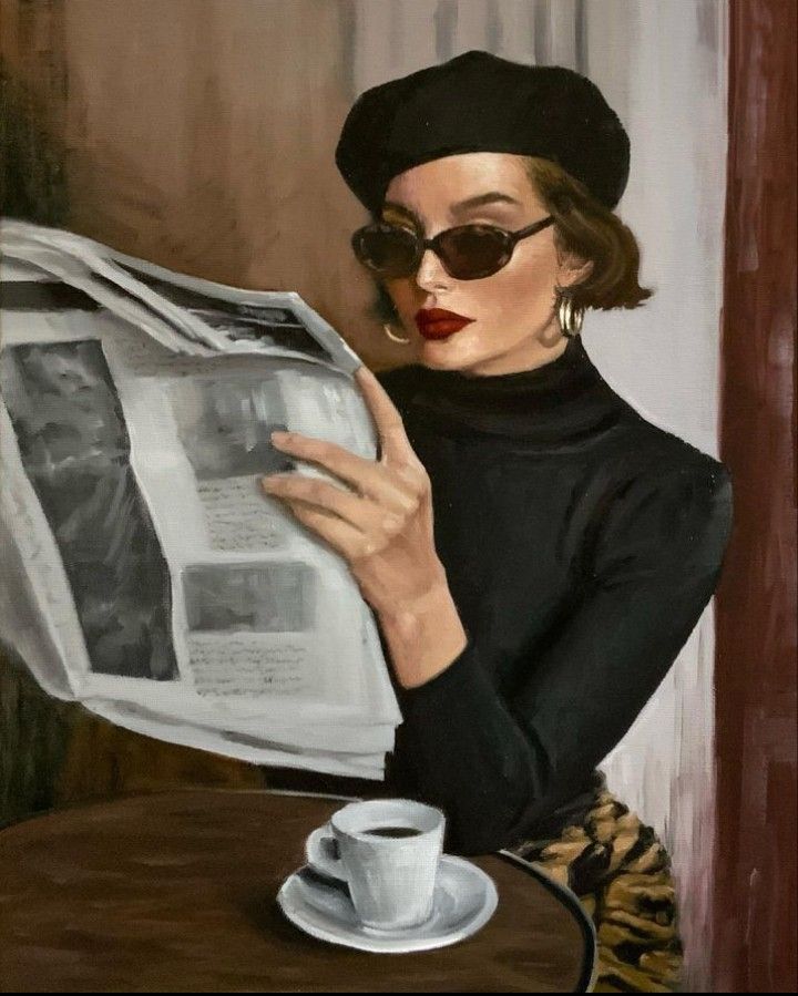 Woman in stylish beret and sunglasses reading newspaper at café with coffee.