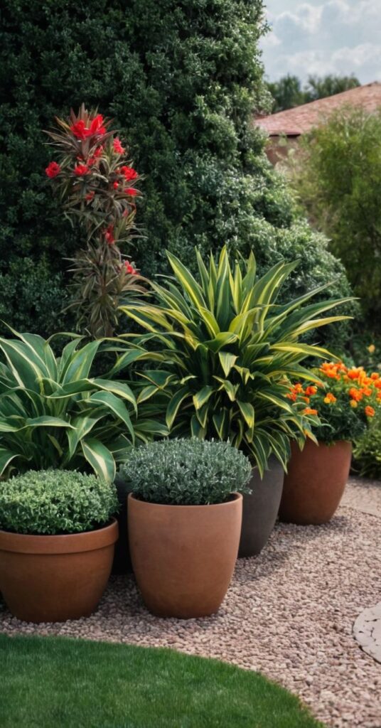 Lush garden with vibrant flowers and green plants in terracotta pots, beautifully arranged on a pebble pathway.