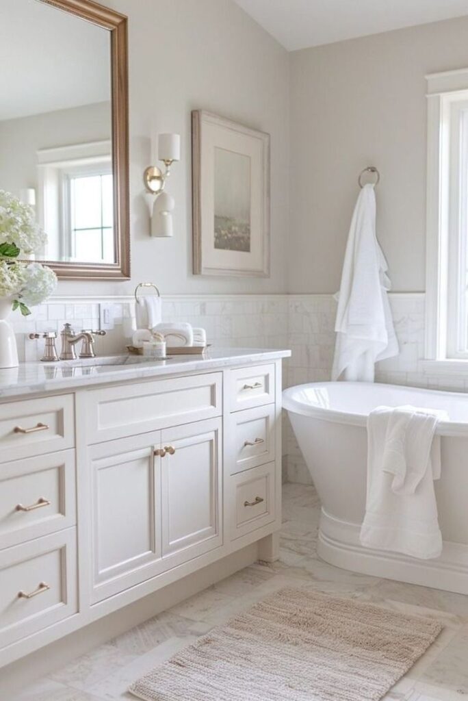 Elegant bathroom with white vanity, freestanding tub, and soft lighting. Luxurious and serene interior decor.