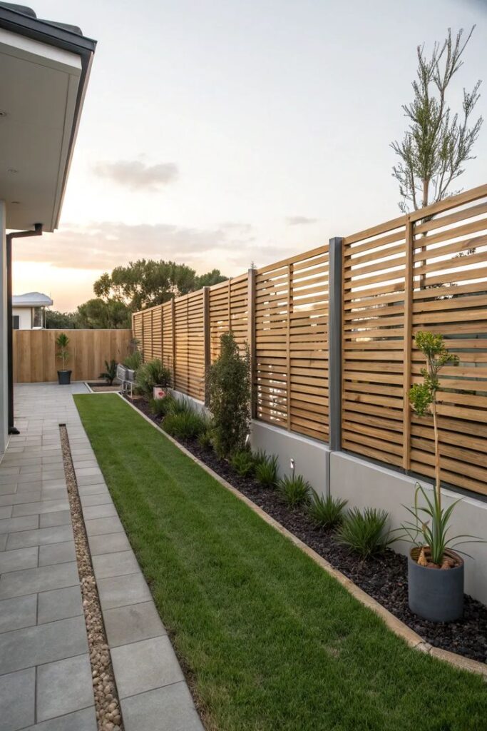 Modern backyard with wooden privacy fence, stone pathway, lush grass, and potted plants at sunset.