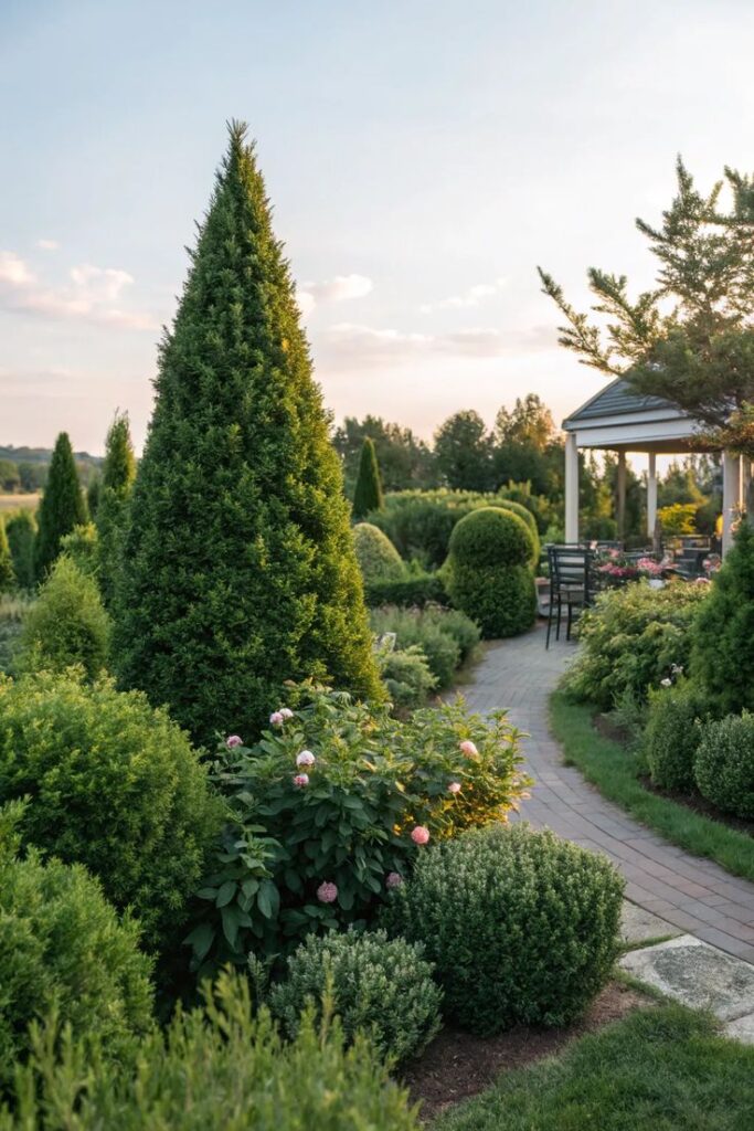 Lush garden with a paved path, manicured shrubs, and a gazebo under a clear sky at sunset.