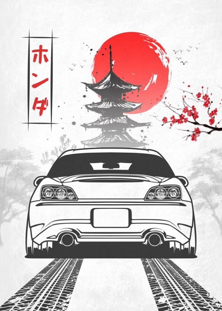 Sporty car with Japanese pagoda and sun, cherry blossoms, tire marks, and Japanese text background.