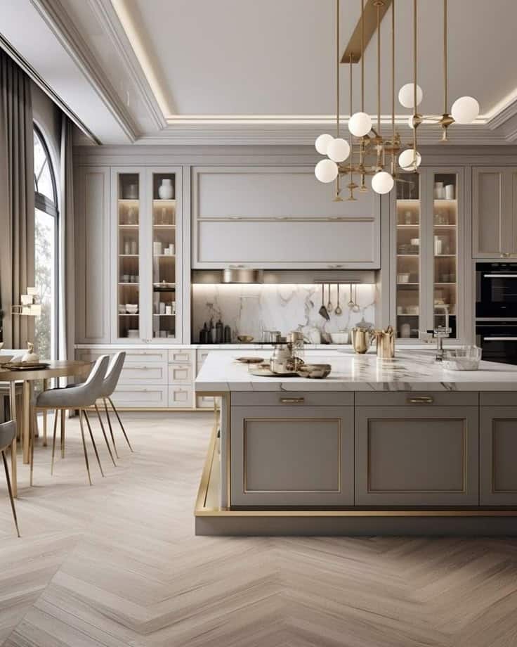 Luxurious modern kitchen with marble island, elegant lighting, and spacious dining area.
