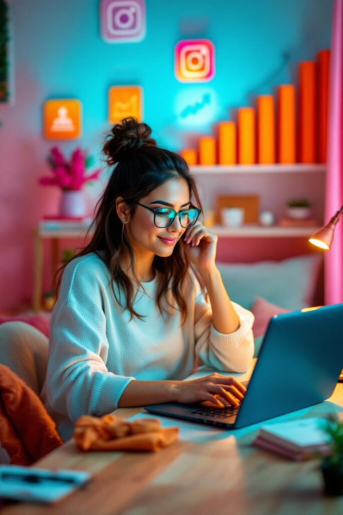 Young woman working on laptop in colorful office with social media icons on wall.