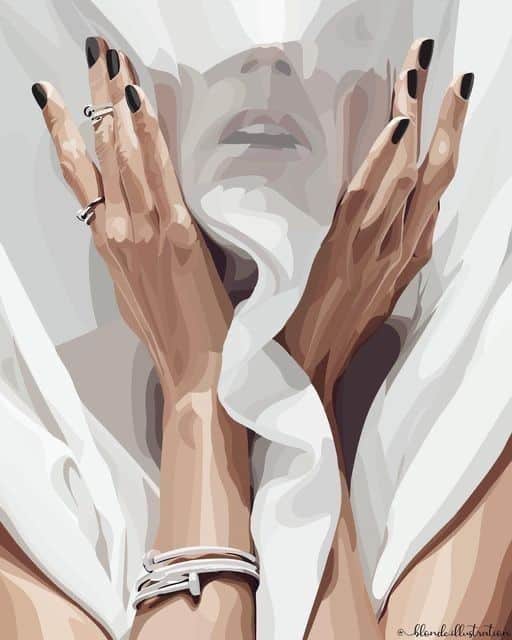 Artistic illustration of hands with rings on a veiled face, creating a mysterious and elegant aesthetic.