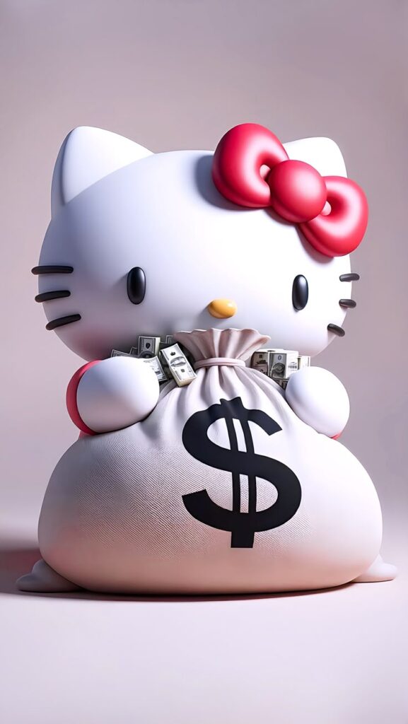 Cute cartoon cat with a red bow holding a large money bag with dollar symbol, stuffed with cash bills.