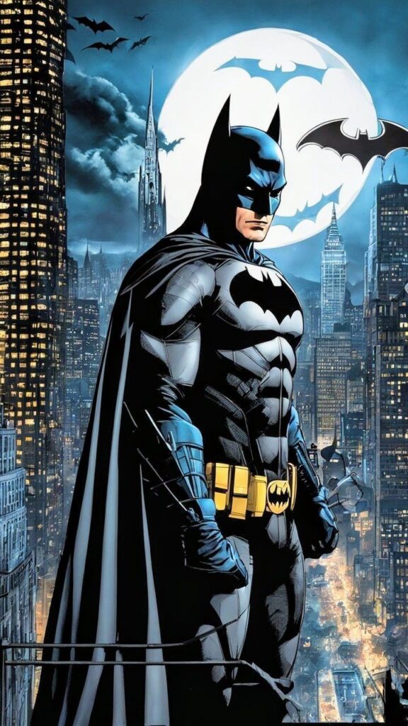Comic book superhero stands atop a city skyline at night, with a full moon and bats in the background.