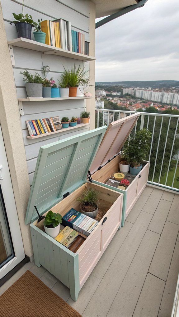 Small balcony garden with books, storage benches, and potted plants, overlooking a cityscape. Cozy outdoor reading nook.