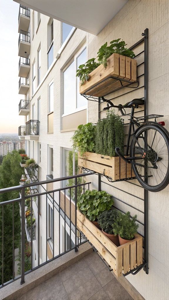 Vertical garden and bicycle rack on a modern apartment balcony, maximizing space with tiered wooden planters.