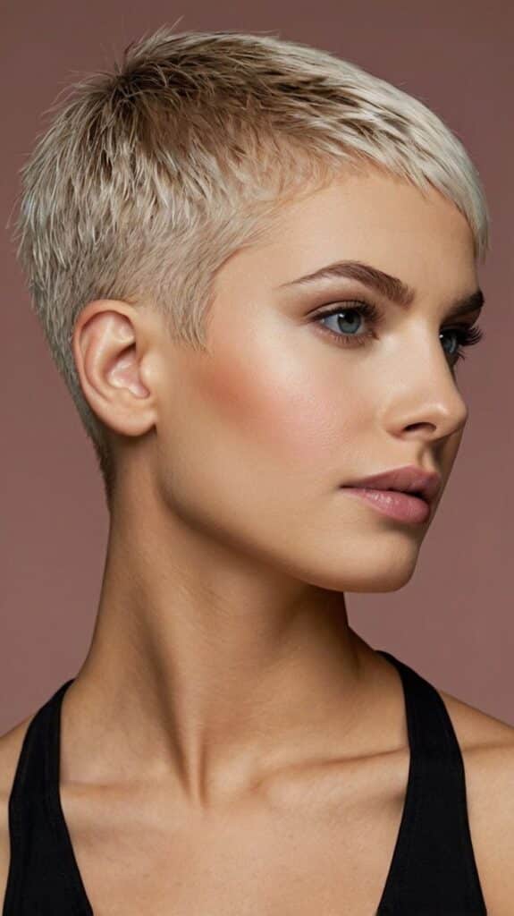 Close-up of a woman with a stylish pixie cut, showcasing modern short blonde hair against a neutral background.