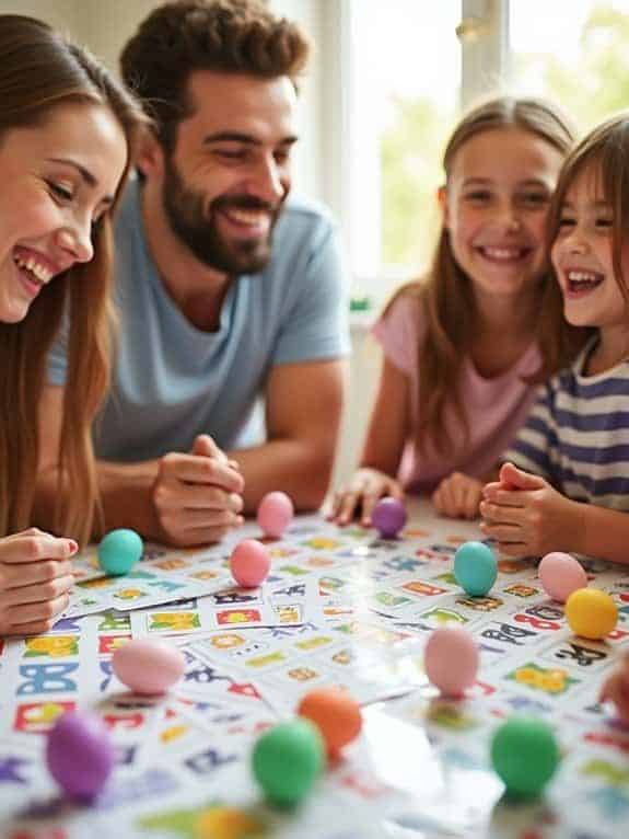 Family enjoying a colorful board game together, laughing and bonding around a table with colorful eggs.