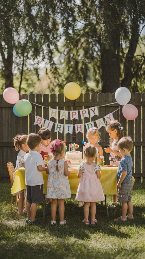 Children gathered at an outdoor birthday party with balloons and cake under a Happy Birthday banner.