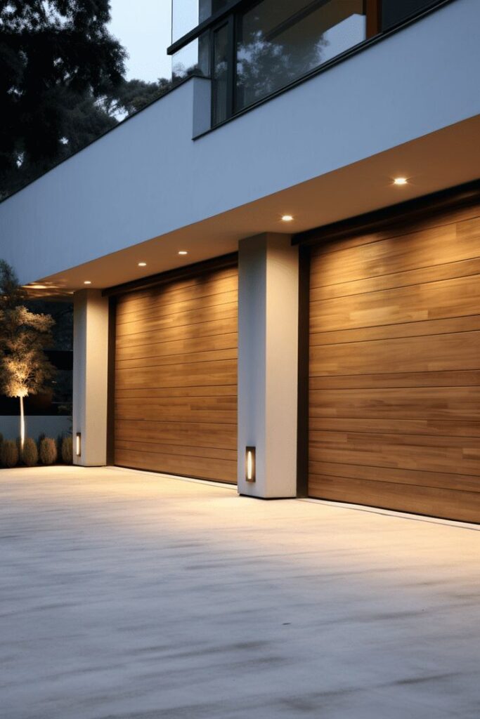 Modern house exterior with illuminated wooden garage doors at dusk.