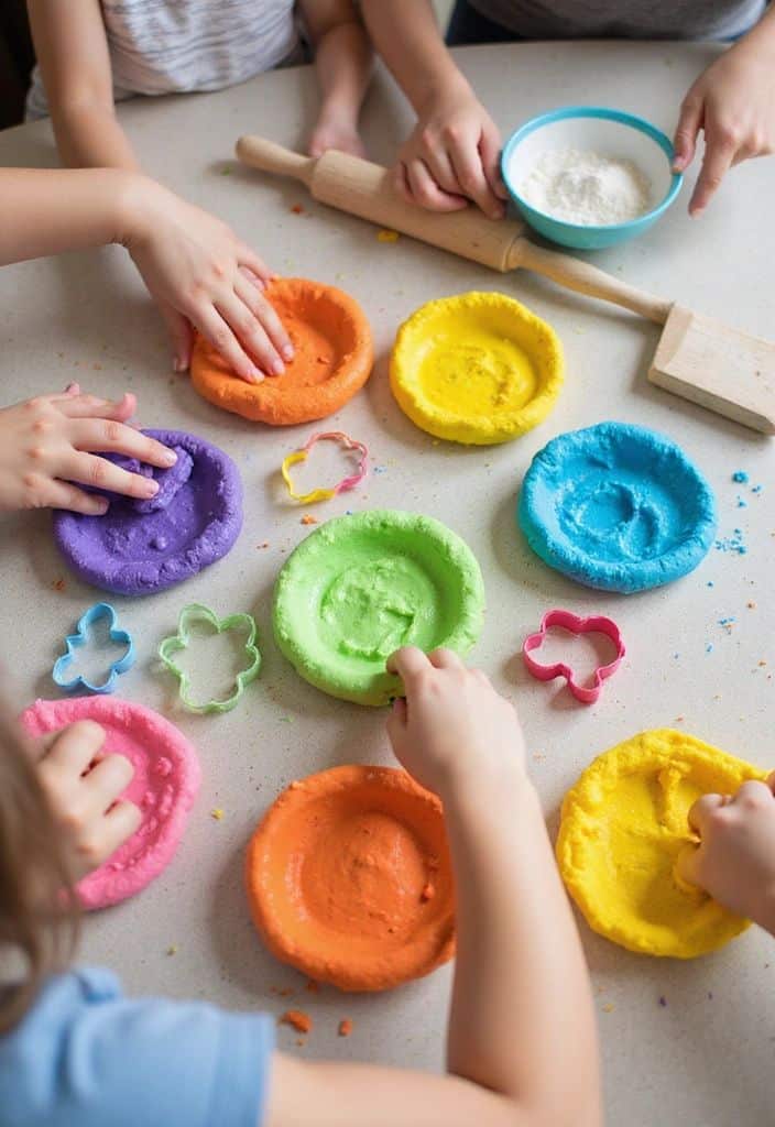 Children crafting with colorful playdough and cookie cutters on table, enhancing creativity and fine motor skills.