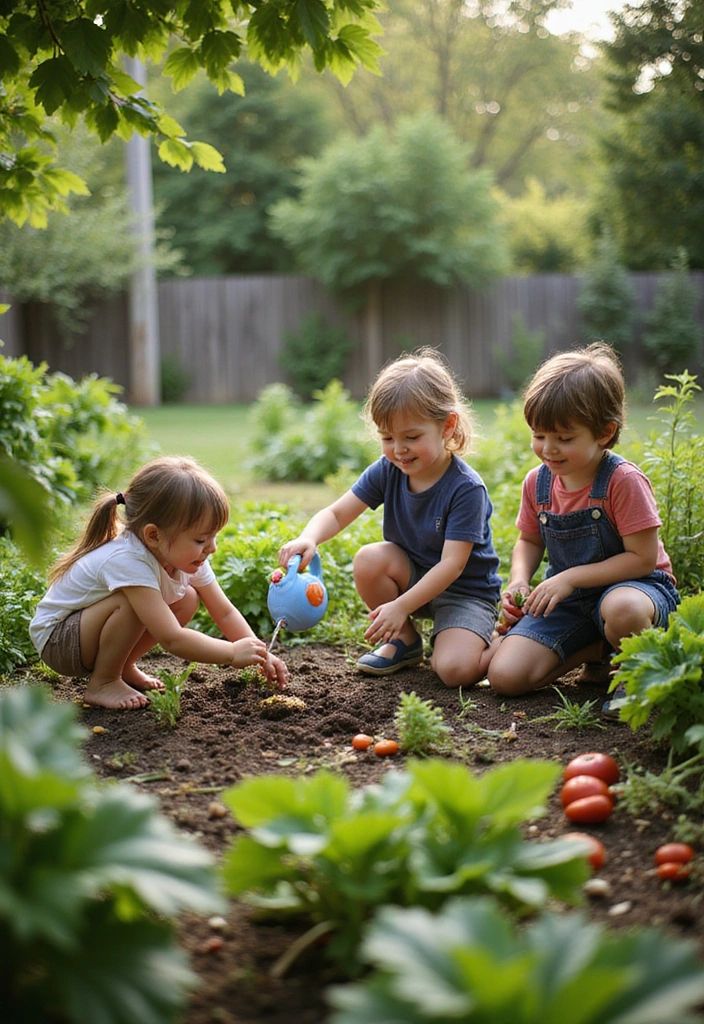 Children gardening and watering plants in a lush backyard vegetable garden, learning about nature and sustainability.