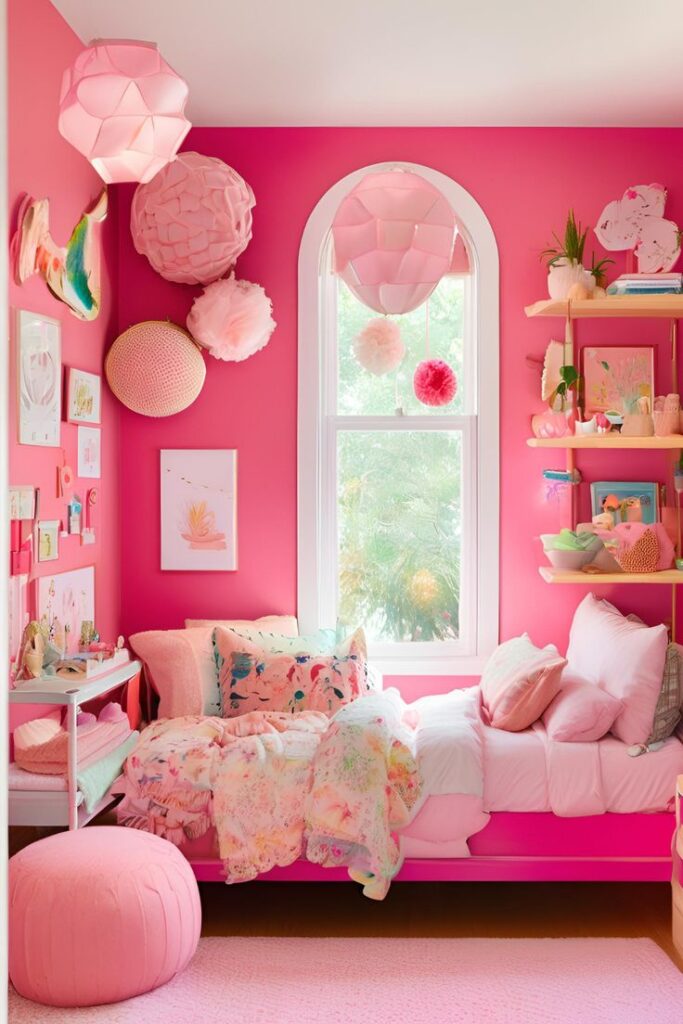 Bright pink bedroom with cozy bed, decorative pillows, paper lanterns, and wall art, creating a playful, vibrant ambiance.