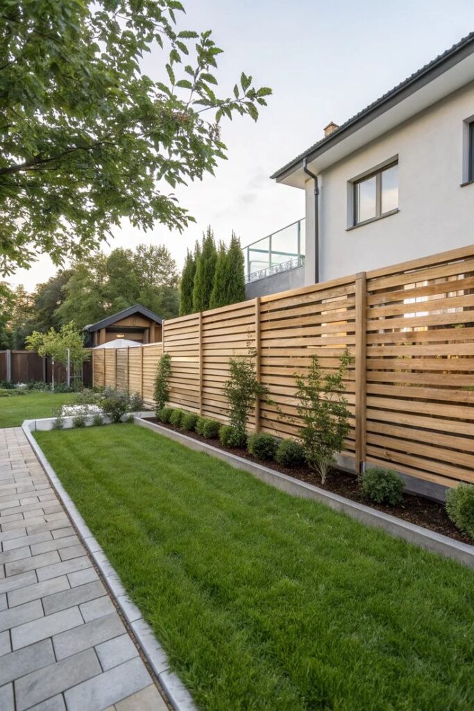 Modern backyard with wooden fence, lush green lawn, and paved walkway under clear sky.