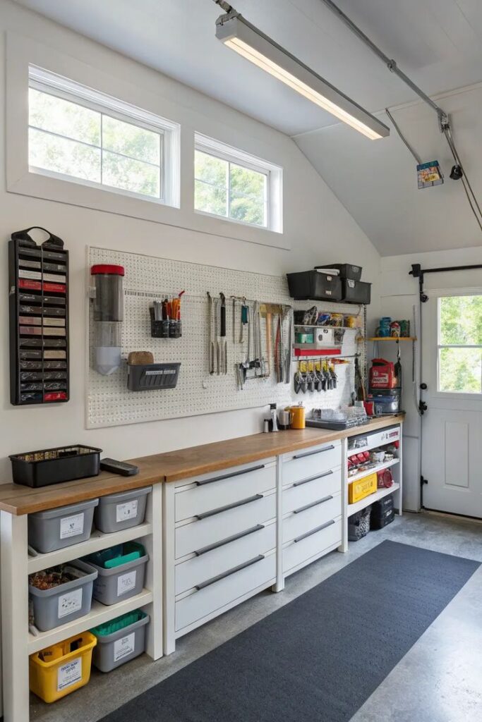 Organized garage with tools on pegboard, storage bins, and a wooden workbench under natural light.
