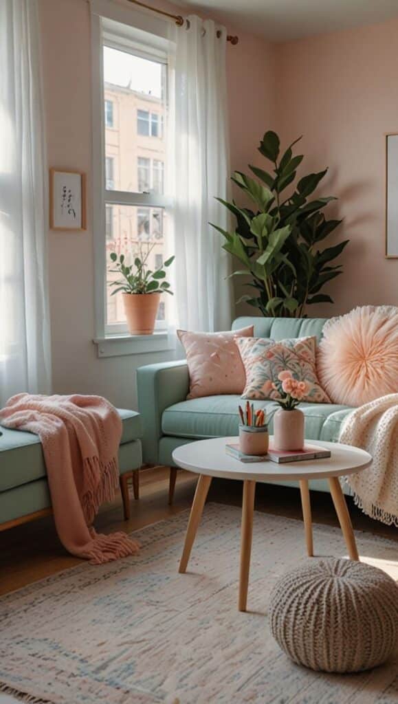 Cozy pastel living room with mint sofa, plants, white curtains, and stylish decor.