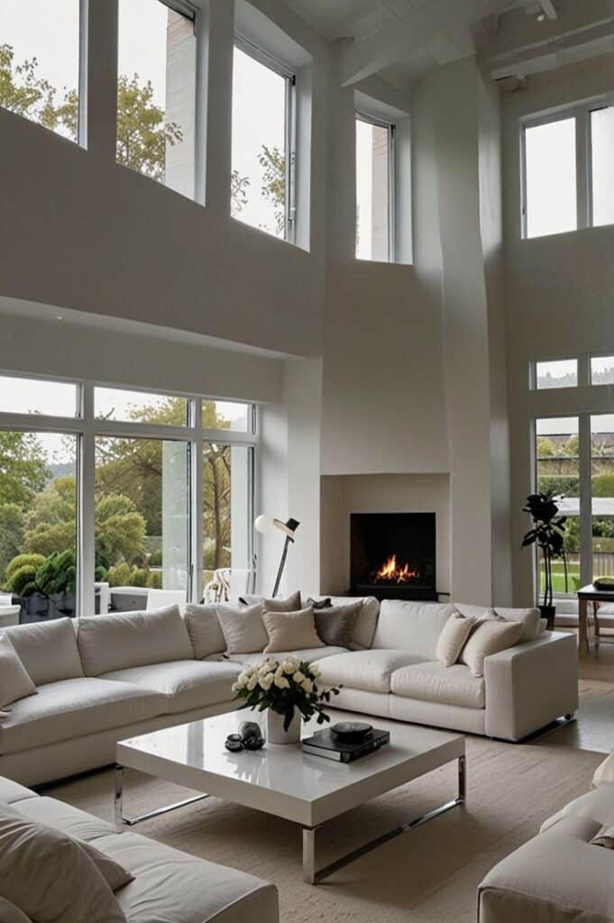 Modern living room with tall windows, white sofas, and a cozy fireplace, overlooking a lush garden.