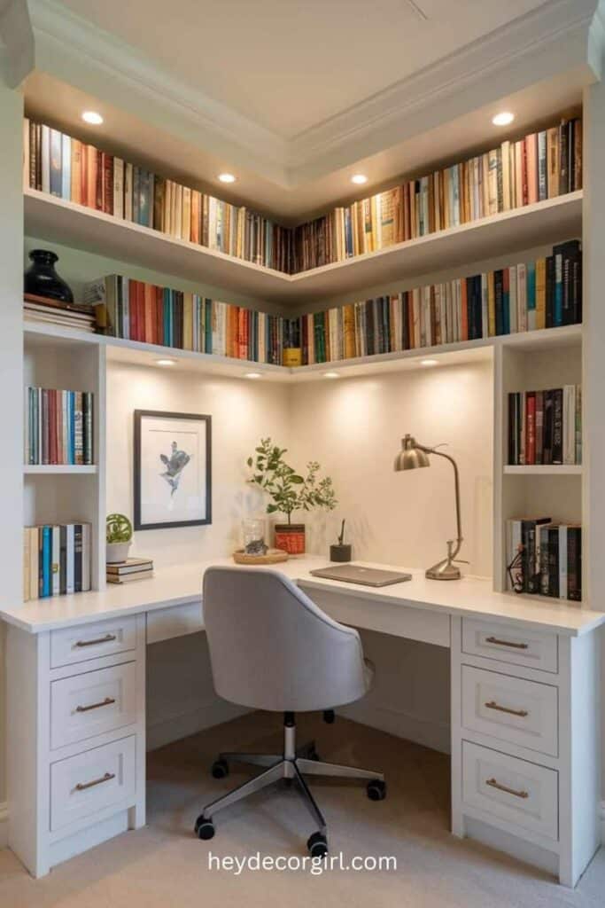 Cozy home office nook with built-in shelves, desk, and chair. Ideal for studying or working from home.