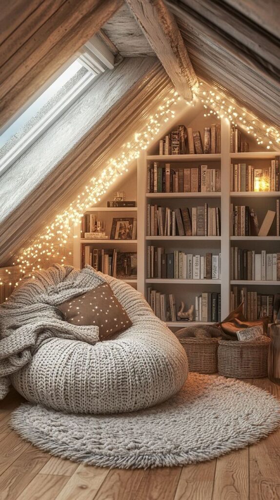 Cozy attic nook with a knit bean bag, bookshelf, fairy lights, and a skylight, perfect for reading and relaxation.