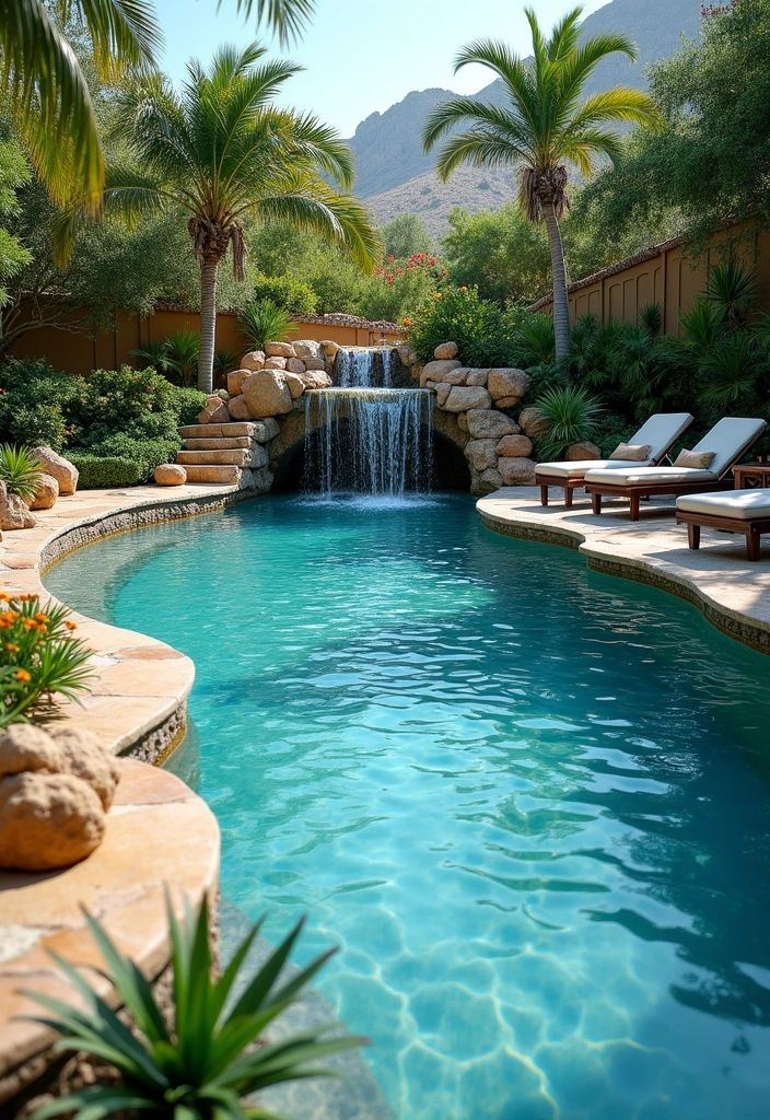Luxurious backyard pool with waterfall, surrounded by palm trees and lounge chairs, under clear blue sky.