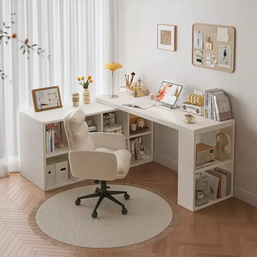 Minimalist home office with white desk, swivel chair, wall art, and shelves. Warm, cozy decor with natural light.