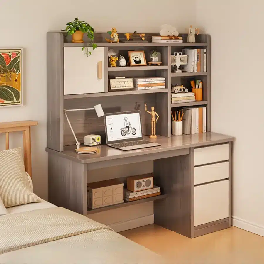 15298692_900x Modern home office desk with computer, books, and decor in a cozy bedroom setting. | Sky Rye Design Modern home office desk with computer, books, and decor in a cozy bedroom setting.