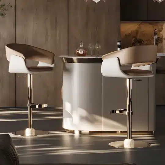Modern kitchen bar stools in a stylish interior setting with soft lighting and neutral tones.