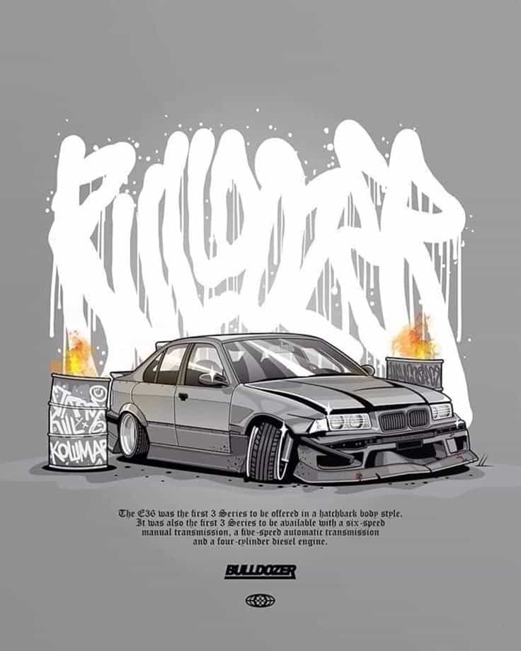 15e5c81566cb4de133ccda81511a7f89 Illustration of a modified E36 car with graffiti-style text and flames, highlighting car features and modifications. | Sky Rye Design Illustration of a modified E36 car with graffiti-style text and flames, highlighting car features and modifications.