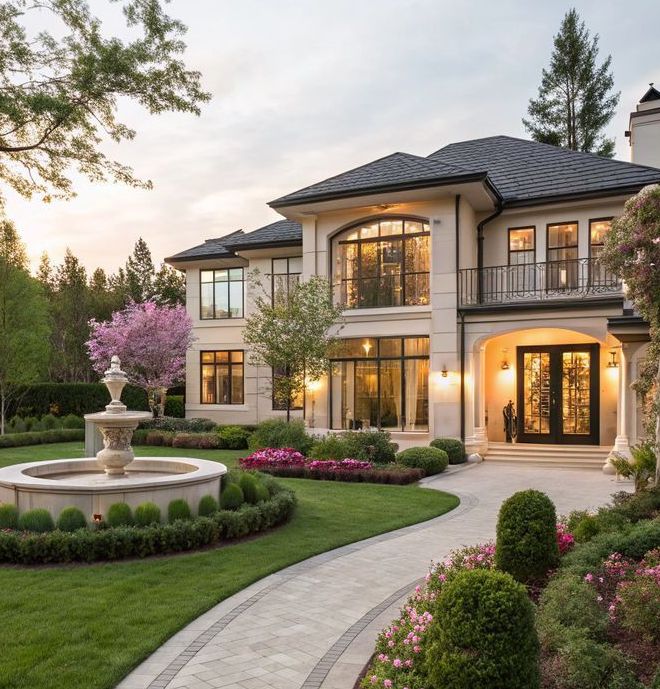 Luxurious mansion with large windows, manicured lawn, and a central fountain surrounded by lush gardens.