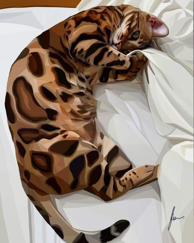 Illustrated Bengal cat lounging on white bed, showcasing detailed fur patterns and green eyes.