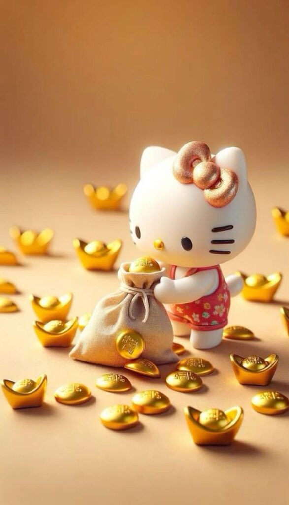 Cute cat character holding a coin sack surrounded by gold ingots, symbolizing wealth and prosperity.