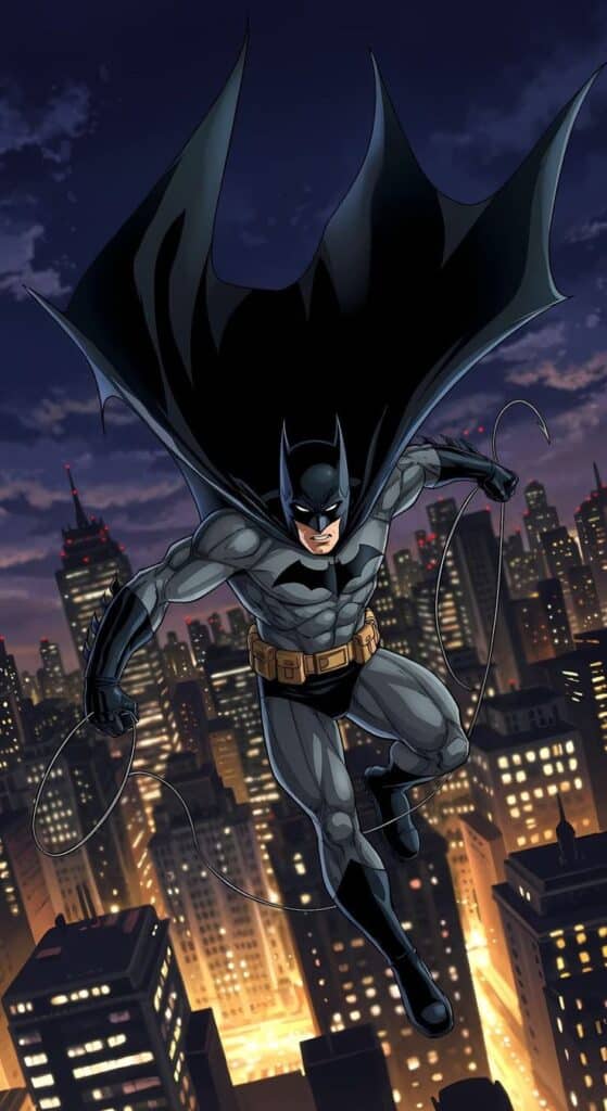 Superhero swings over cityscape at night, cape flowing, amidst skyscrapers and bright lights, ready for action.