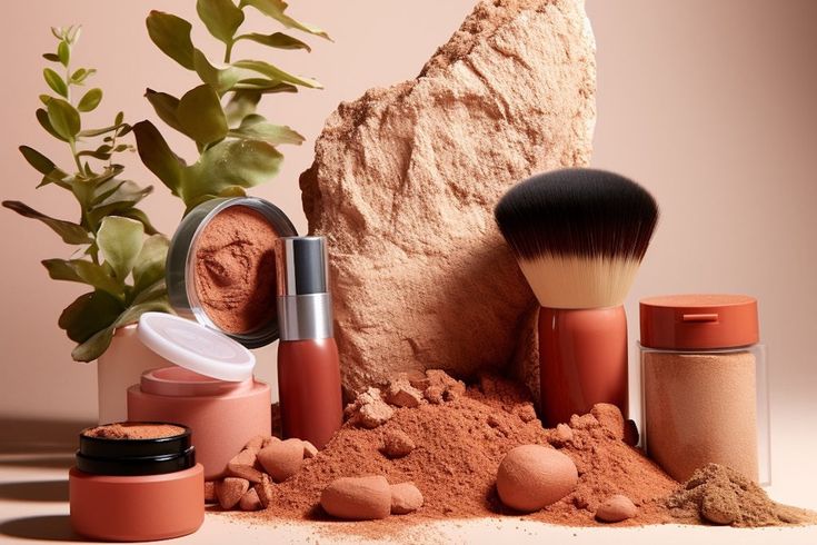 Natural makeup products displayed with earthy tones and textures, featuring brushes and containers surrounded by greenery.