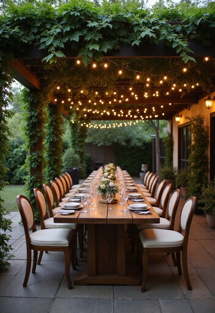 Elegant outdoor dining setup with a long table, string lights, and greenery for a romantic evening event.