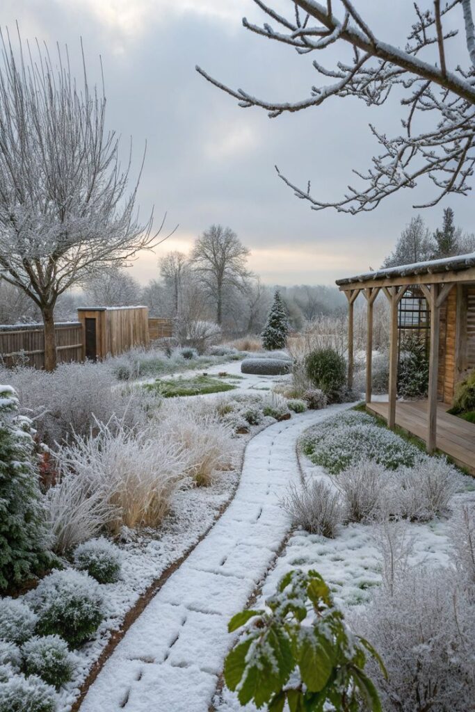 Snow-covered garden path with frosty trees and shrubs under a cloudy sky, creating a serene winter landscape.