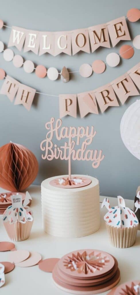 Birthday party decor with 'Happy Birthday' cake topper, pink banners, and cupcakes on a table.