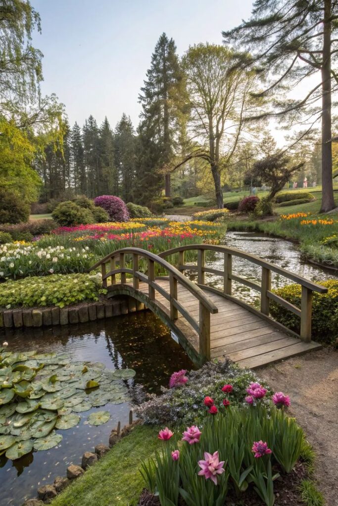 Tranquil garden scene with wooden bridge over pond, surrounded by colorful flowers and lush greenery.