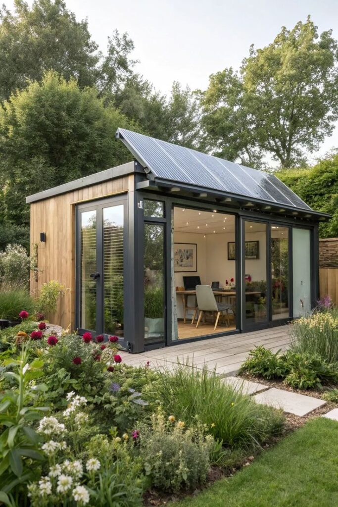 16+ Inspiring Garden Office Ideas for Creative Spaces Eco-friendly garden office with solar panels and glass walls in lush garden setting. | Sky Rye Design Eco-friendly garden office with solar panels and glass walls in lush garden setting.