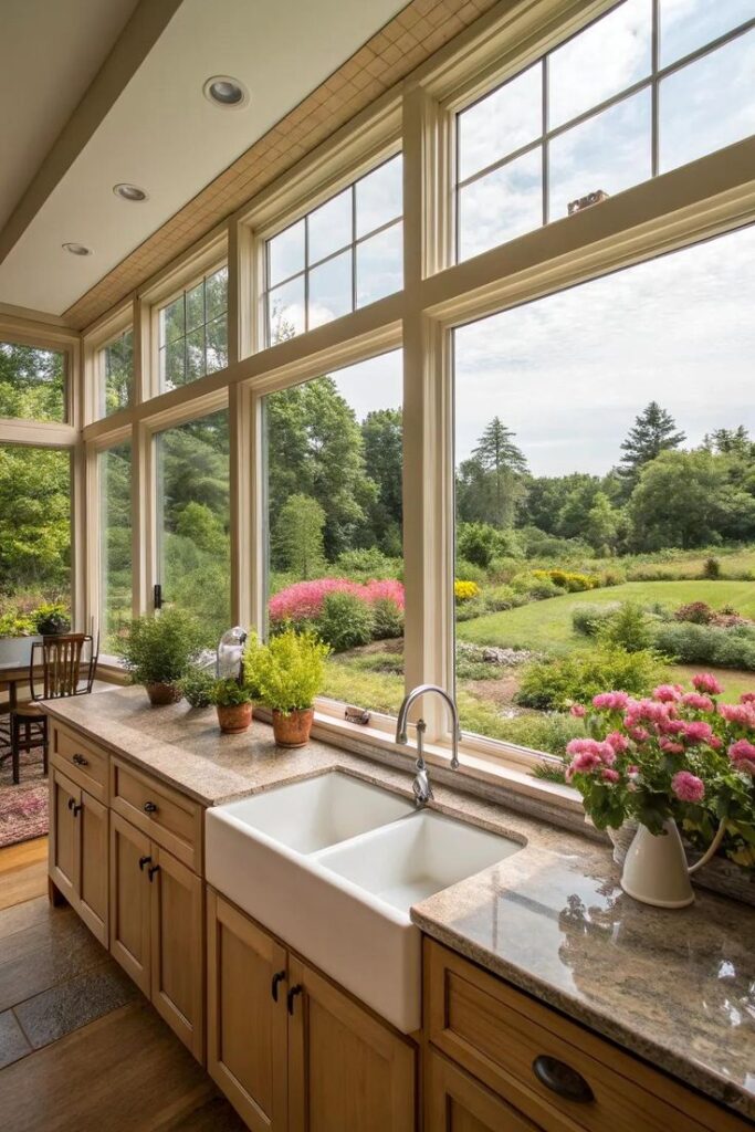 16+ Inspiring Kitchen Windows Over Sink Ideas Bright kitchen with large windows, garden view, potted plants on granite countertop, farmhouse sink, and wooden cabinets. | Sky Rye Design Bright kitchen with large windows, garden view, potted plants on granite countertop, farmhouse sink, and wooden cabinets.